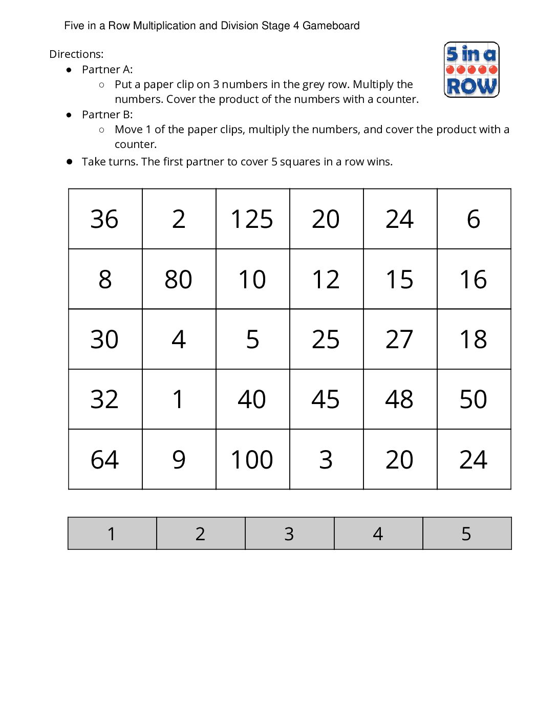 Center Five İn A Row Multiplication 3 5 Stage 4 Three Factors Five İn A Row Multiplication And Division Stage 4 Gameboard