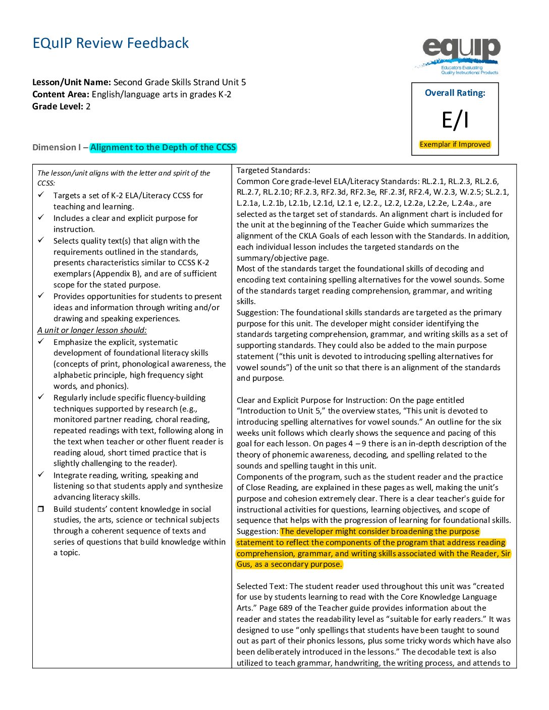 Equıp Feedback Second Grade Skills Strand Unit 5 Exemplar Unıt
