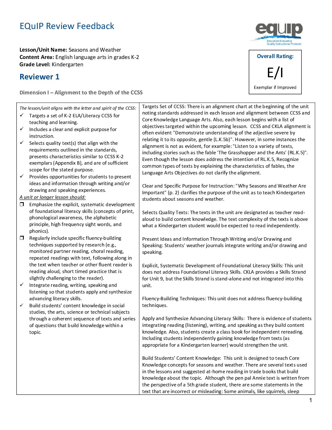 Equıp feed back seasons and weather Exemplar Unıt