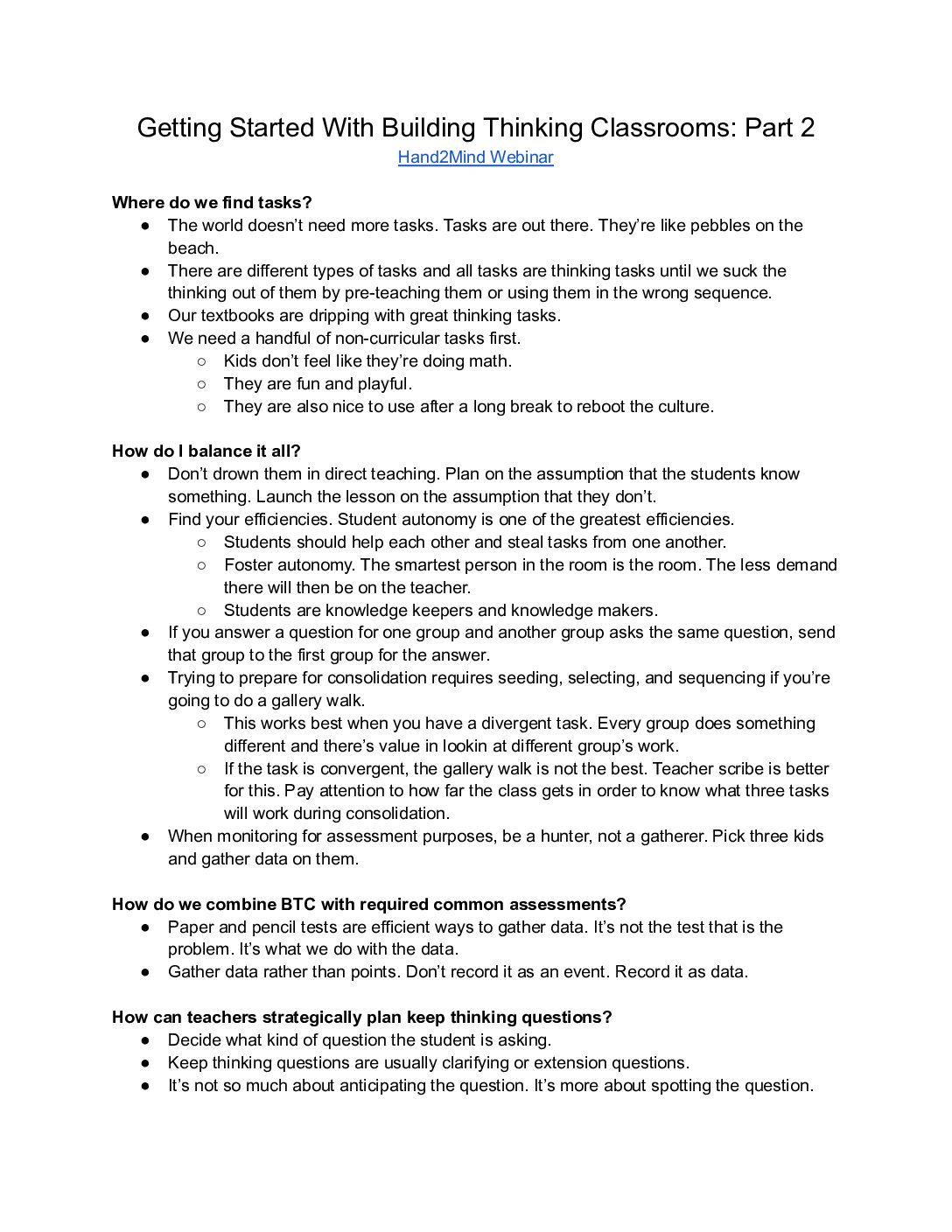 Getting Started With Building Thinking Classrooms Part 2