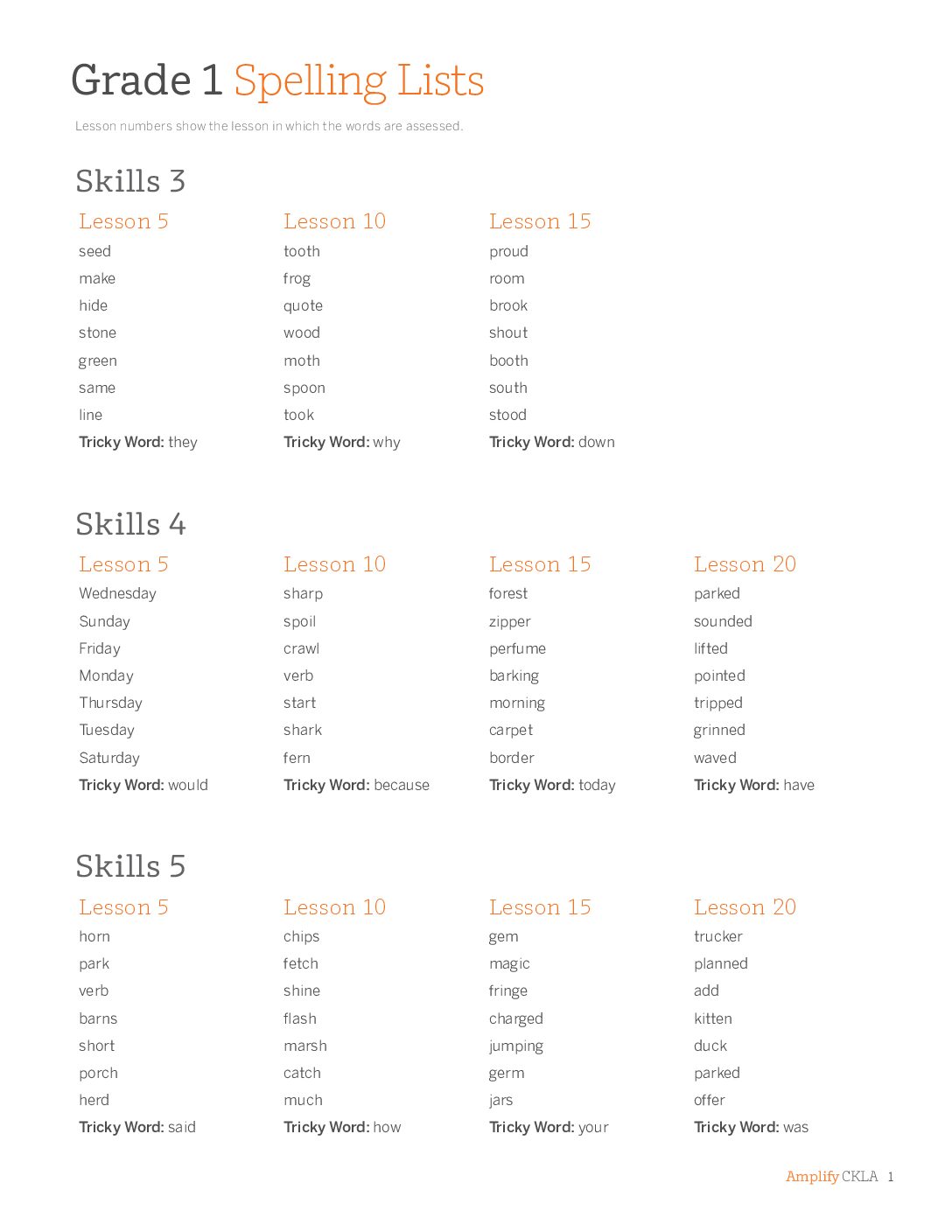Grade 1 Spelling List (By Lesson)
