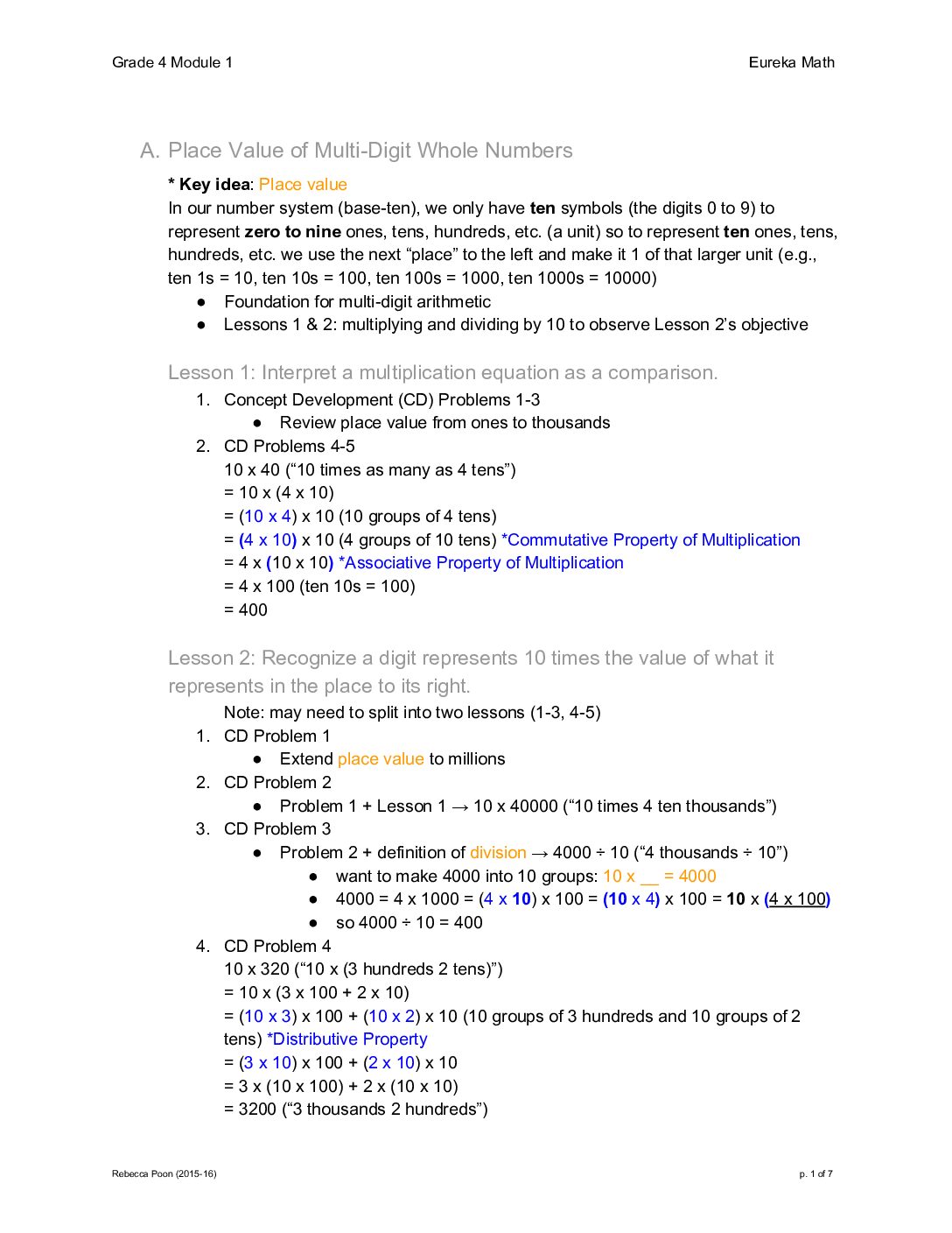 Grade 4 Module 1 Notes