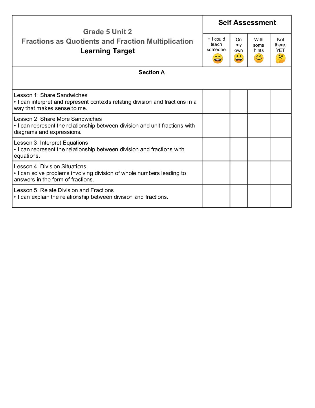 Grade 5 Unit 2 I Can Self Assessment