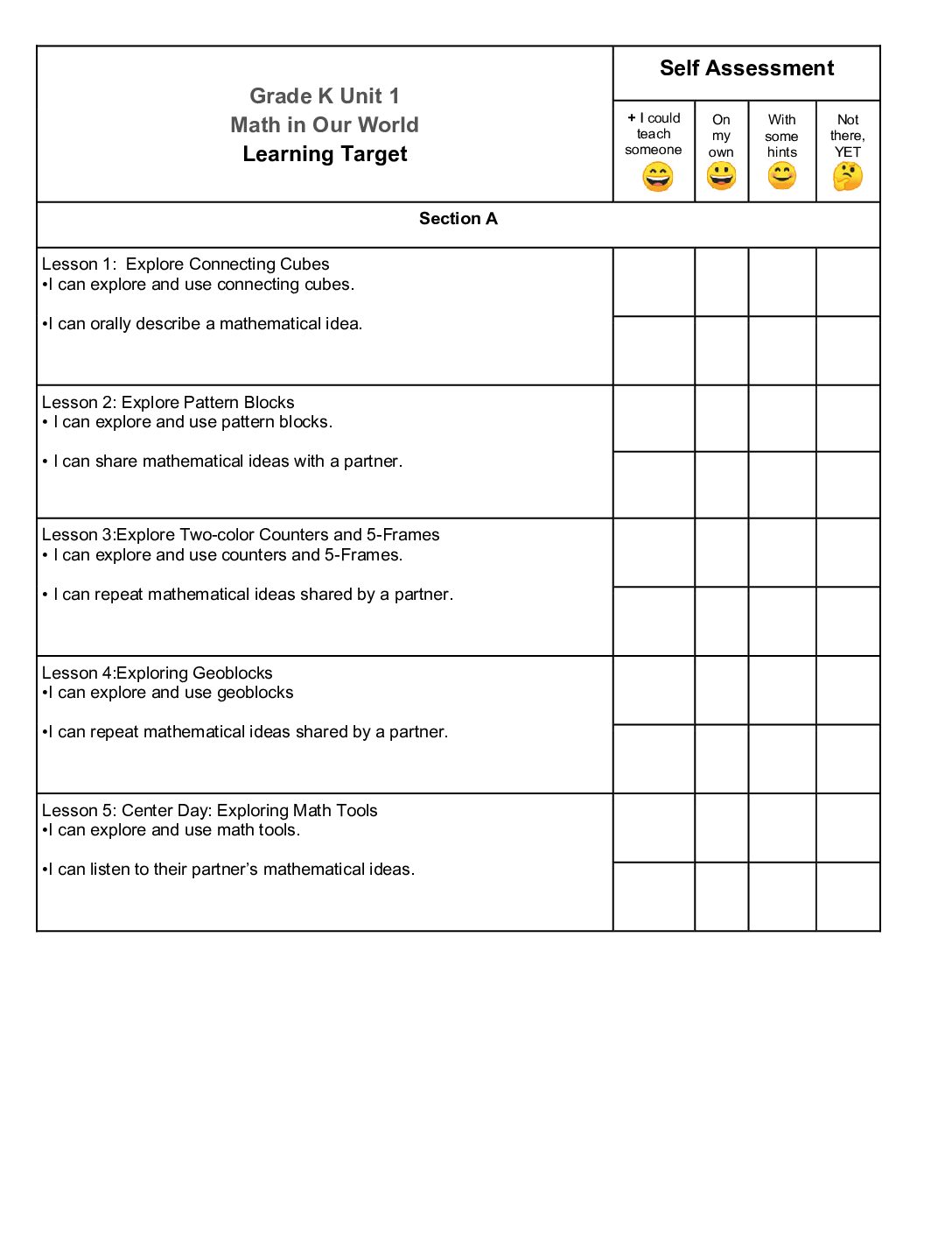 Grade K Unit 1 I Can Self Assessment