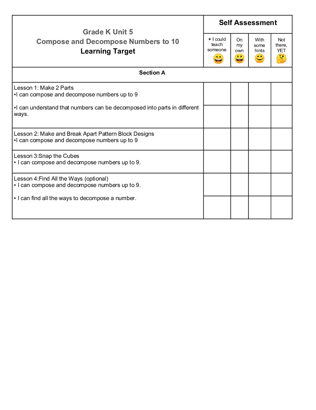 Grade K Unit 5 Compose And Decompose Numbers To 10 I Can Self Assessment
