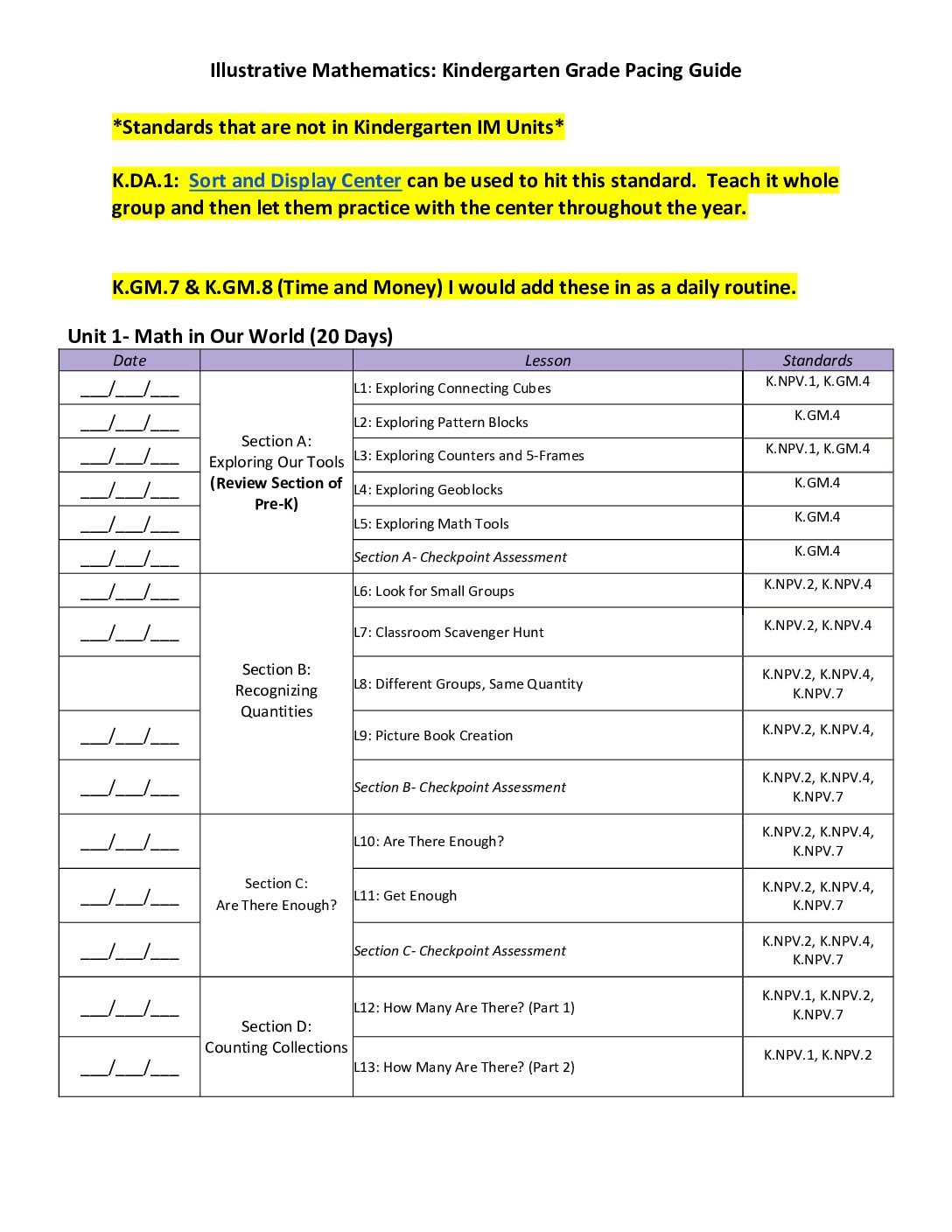 Kindergarten Im Pacing Guide (2023 Revised)