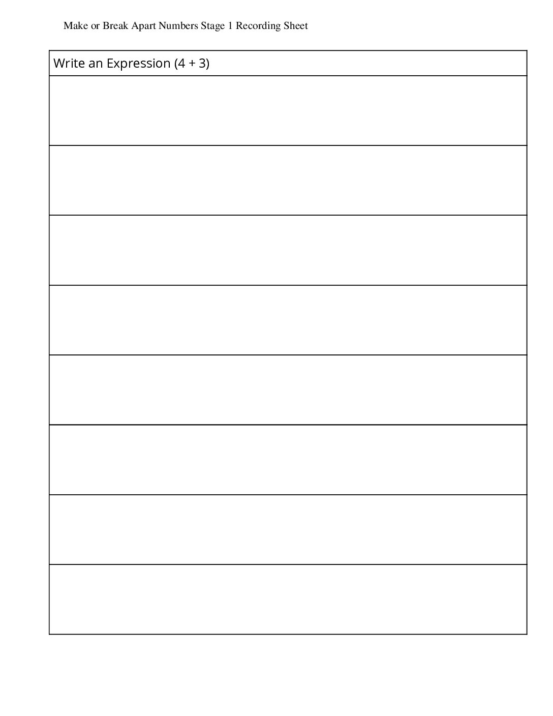 Kindergarten.5.B5.3 İntroduce Make Or Break Apart Numbers Numbers To 9 Make Or Break Apart Numbers Stage 1 Recording Sheet