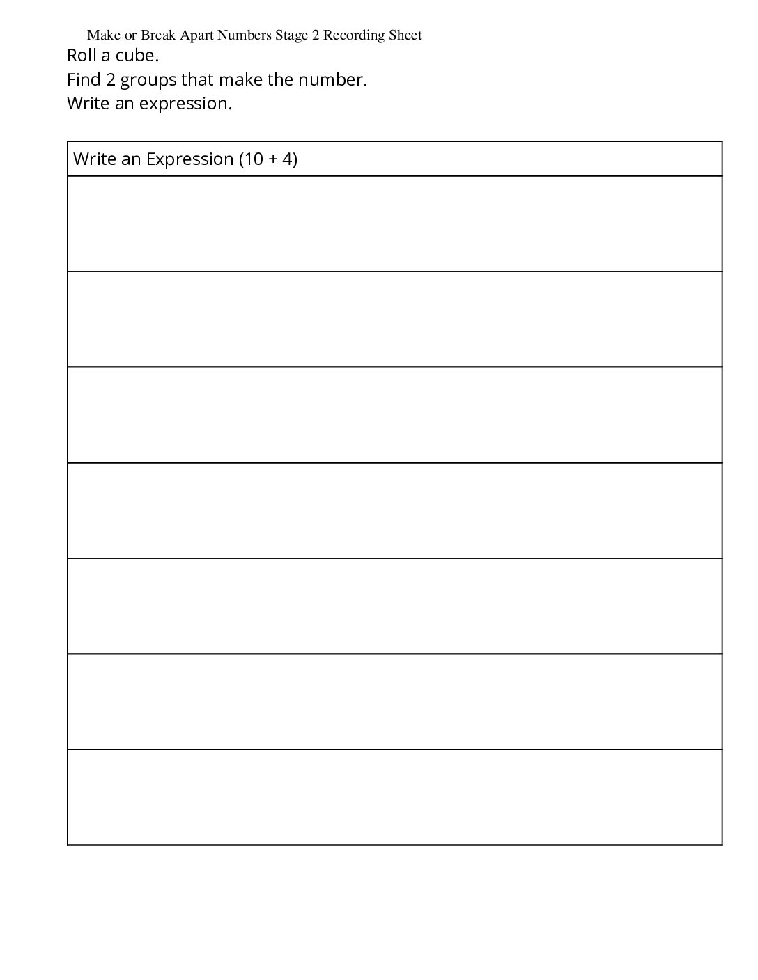 Kindergarten.6.B9.3 İntroduce Make Or Break Apart Numbers Numbers 11 19 Make Or Break Apart Numbers Stage 2 Recording Sheet