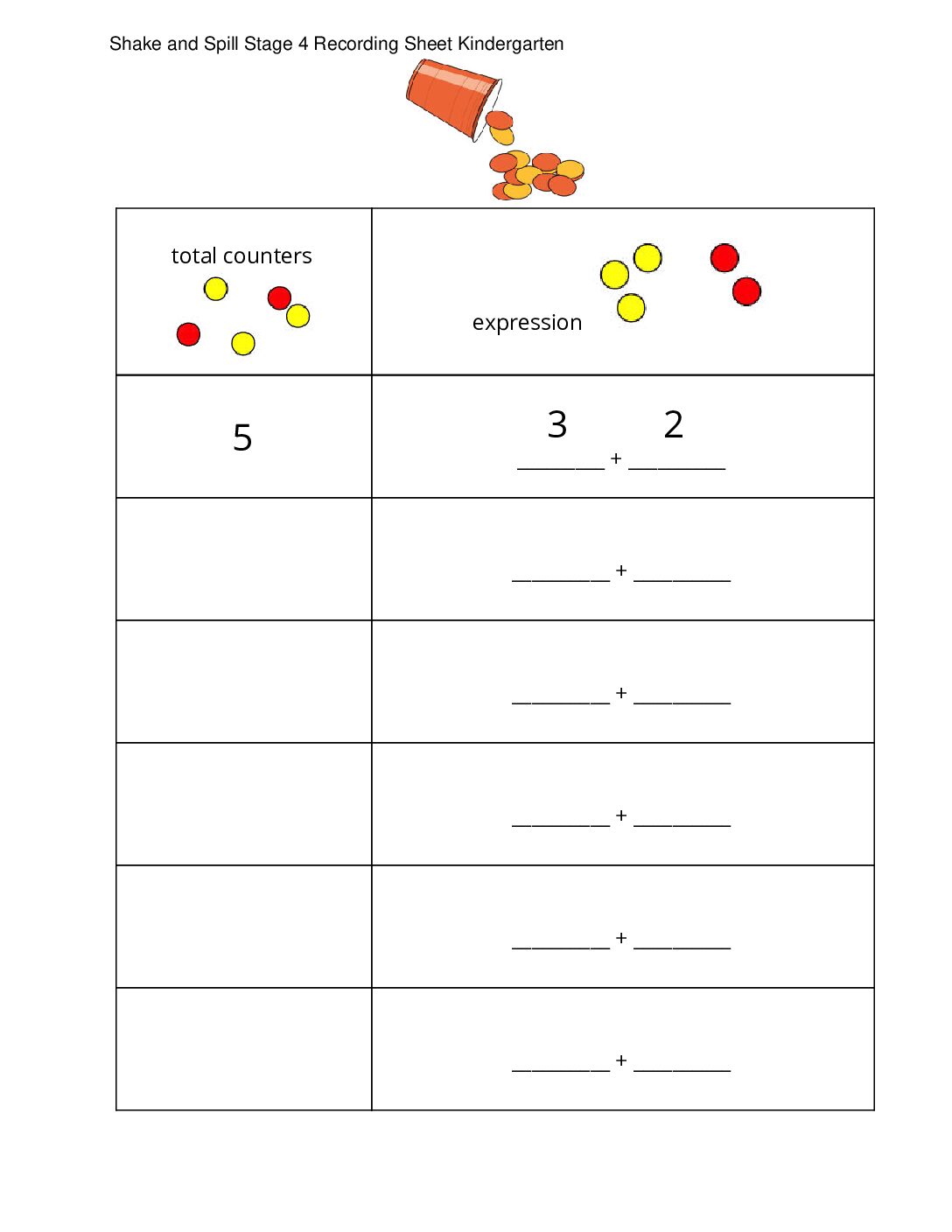 Kindergarten.7.A6.3 İntroduce Shake And Spill Cover Up To 10 Shake And Spill Stage 4 Recording Sheet Kindergarten