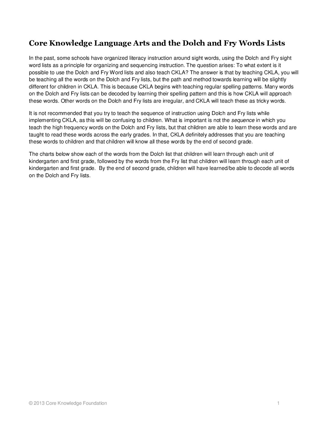 Linking Dolch And Fry To Ckla