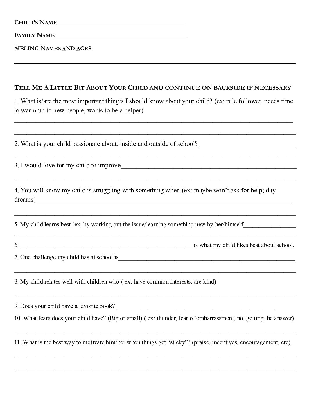 Parent Questionaire Before Beginning Of School
