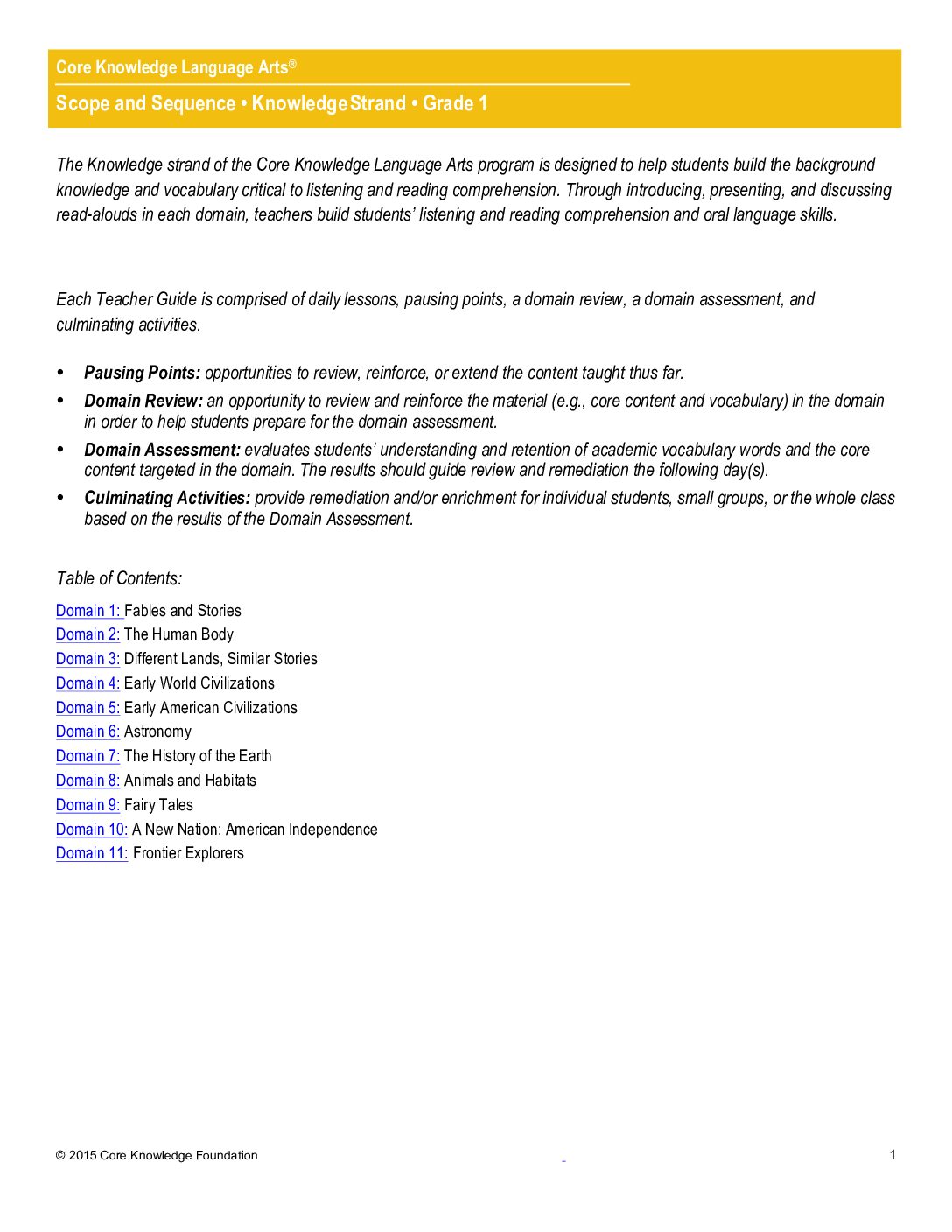 Scope & Sequence Grade 1 Knowledge
