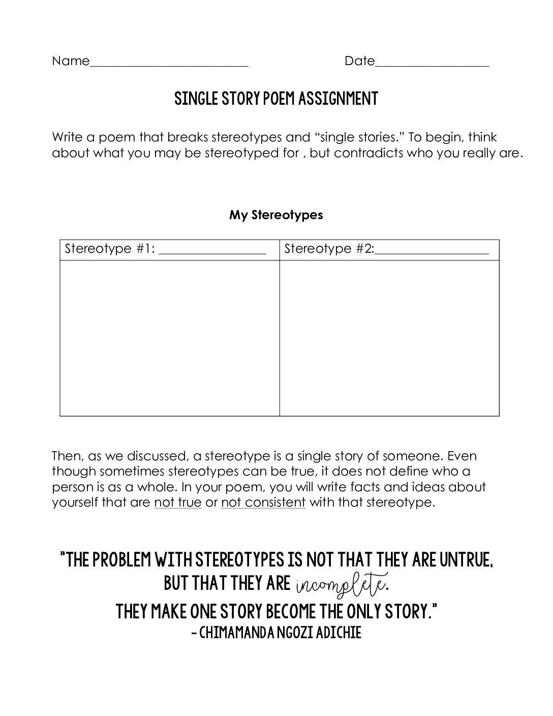 Single Story Assignment Pair With The Dangers Of A Single Story 1