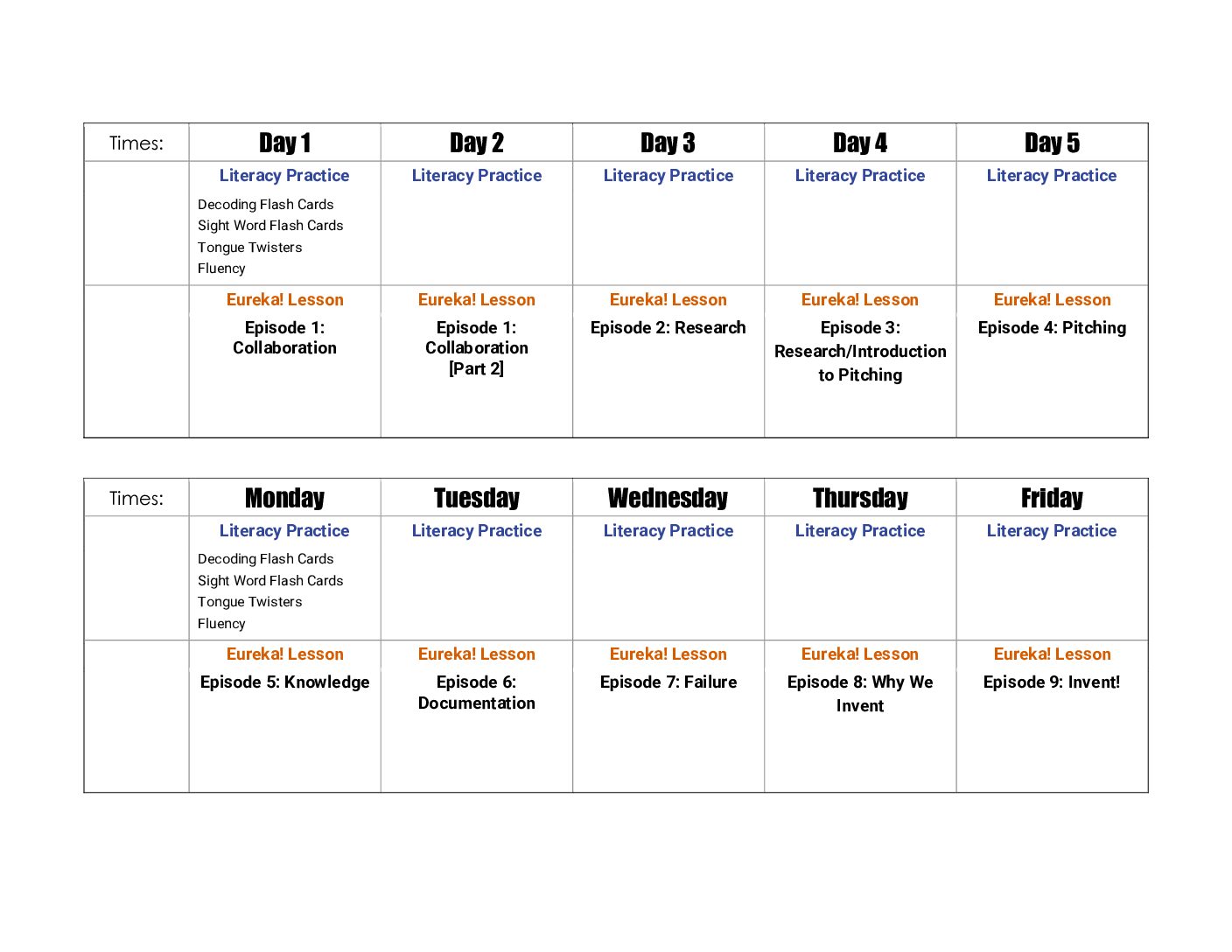 Summer School Schedule