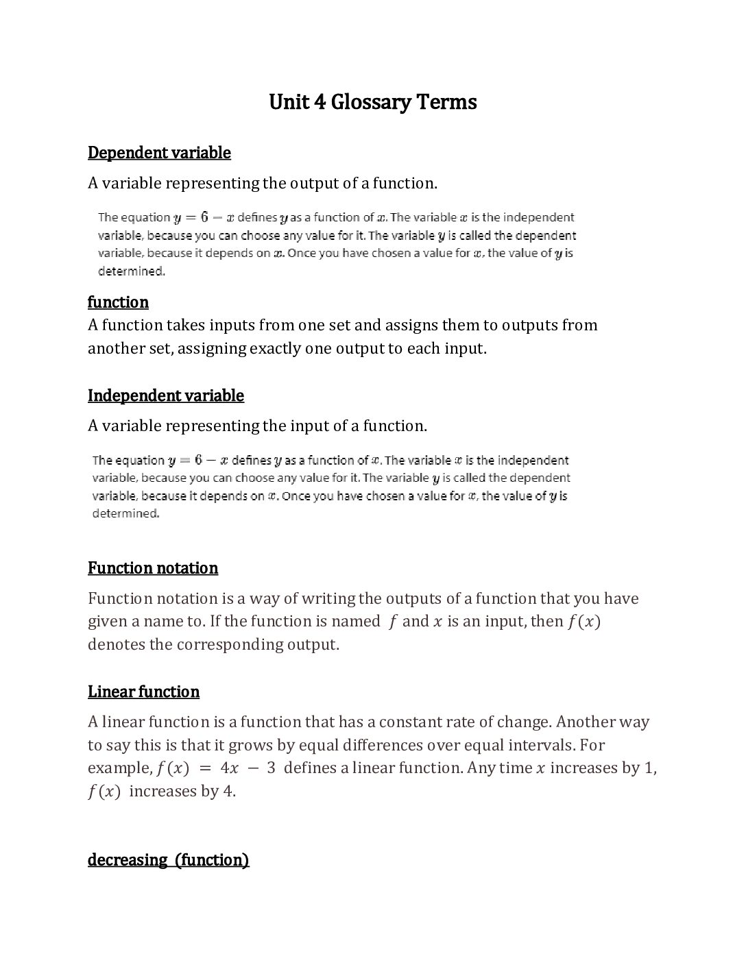 Algebra 1 Unit 4 Glossary Terms