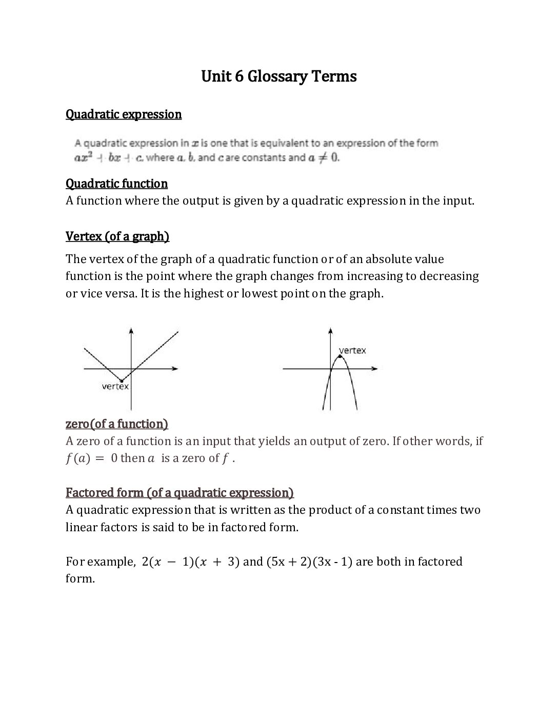 Algebra 1 Unit 6 Glossary Terms
