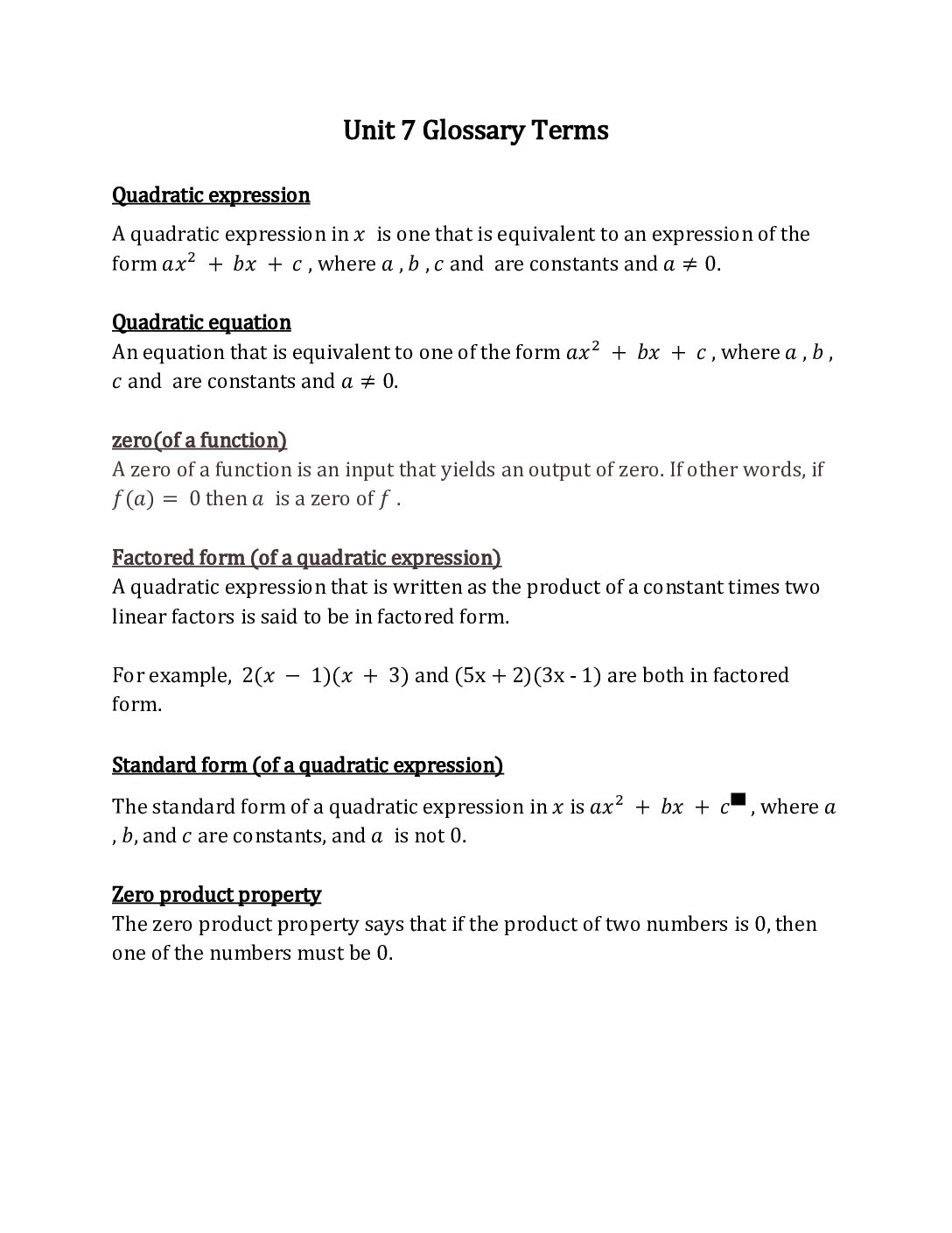 Algebra 1 Unit 7 Glossary Terms