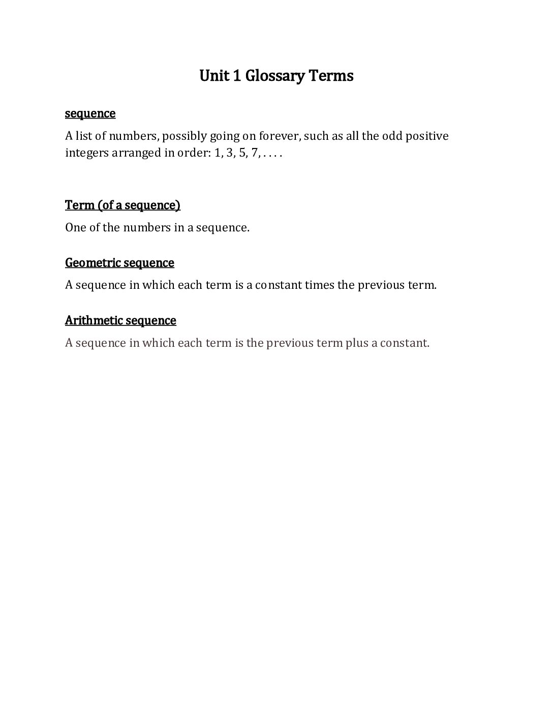 Algebra 2 Unit 1 Glossary Terms
