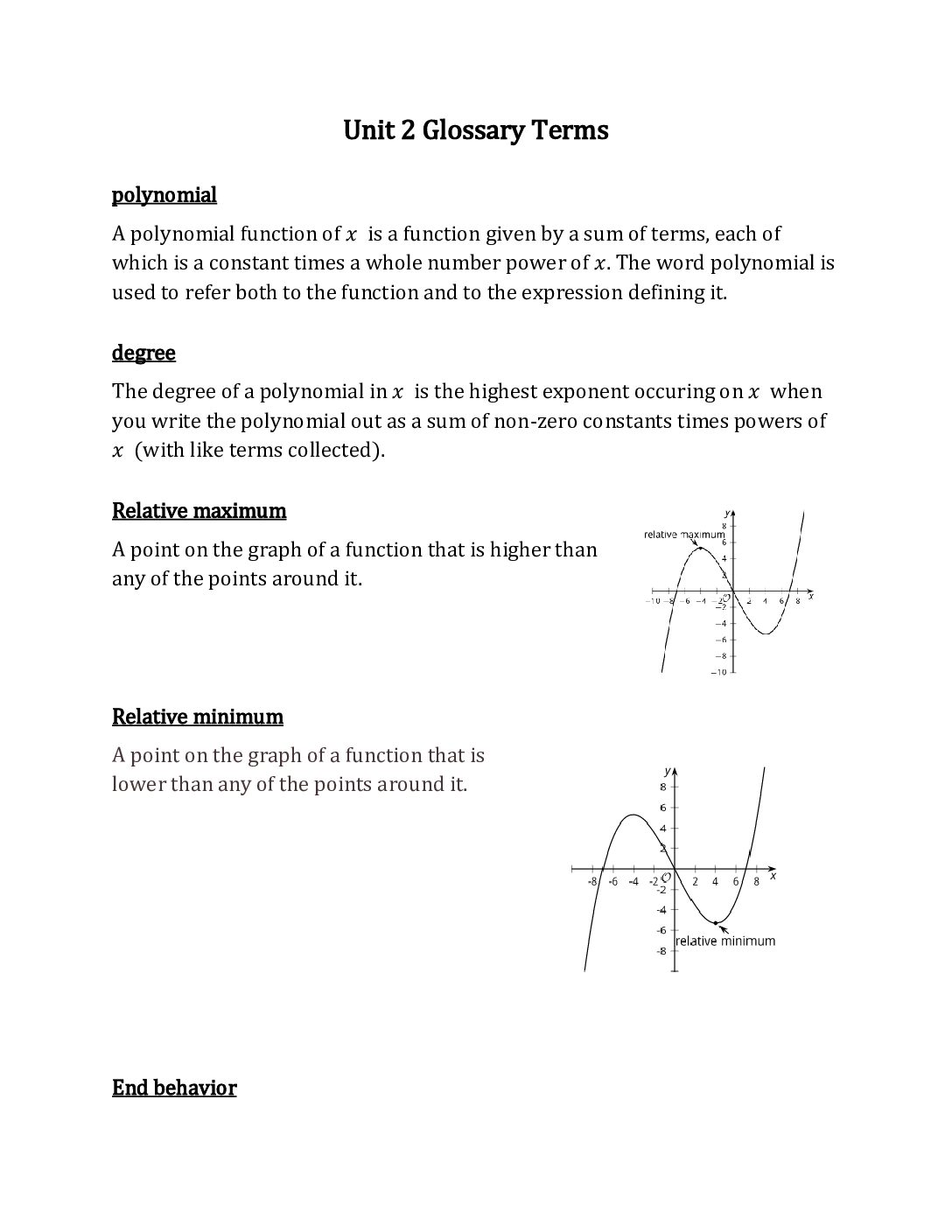 Algebra 2 Unit 2 Glossary Terms