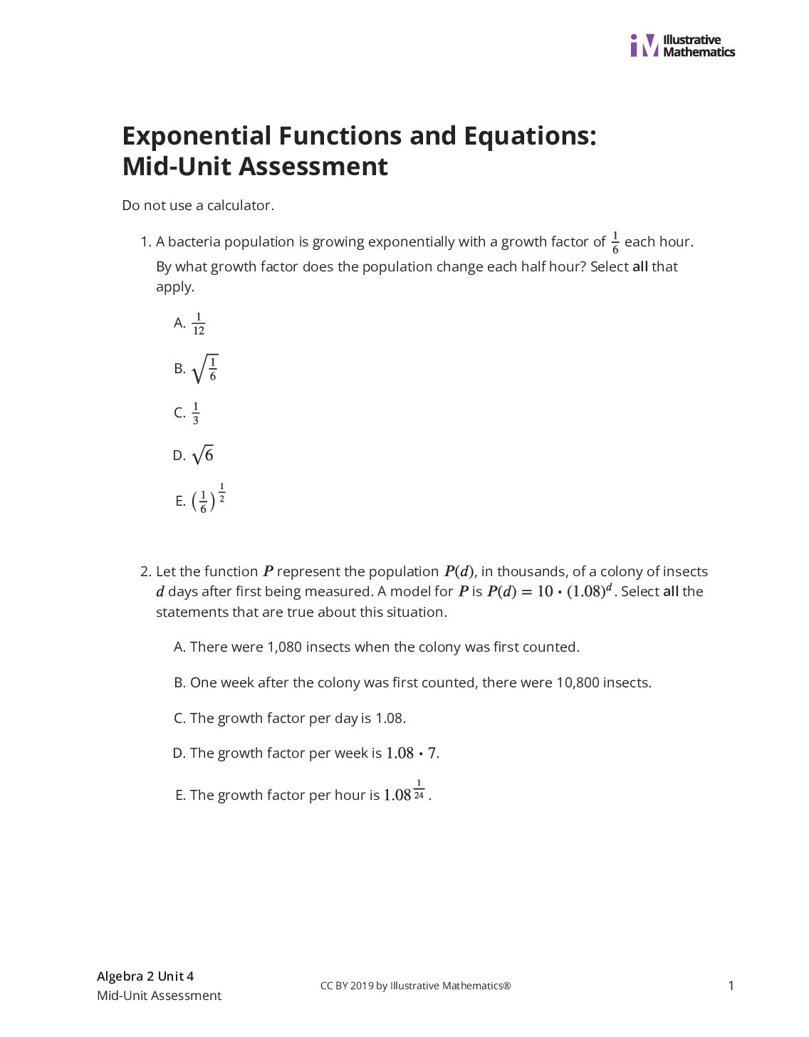 Algebra2 4 Mid Unit Assessment Assessment