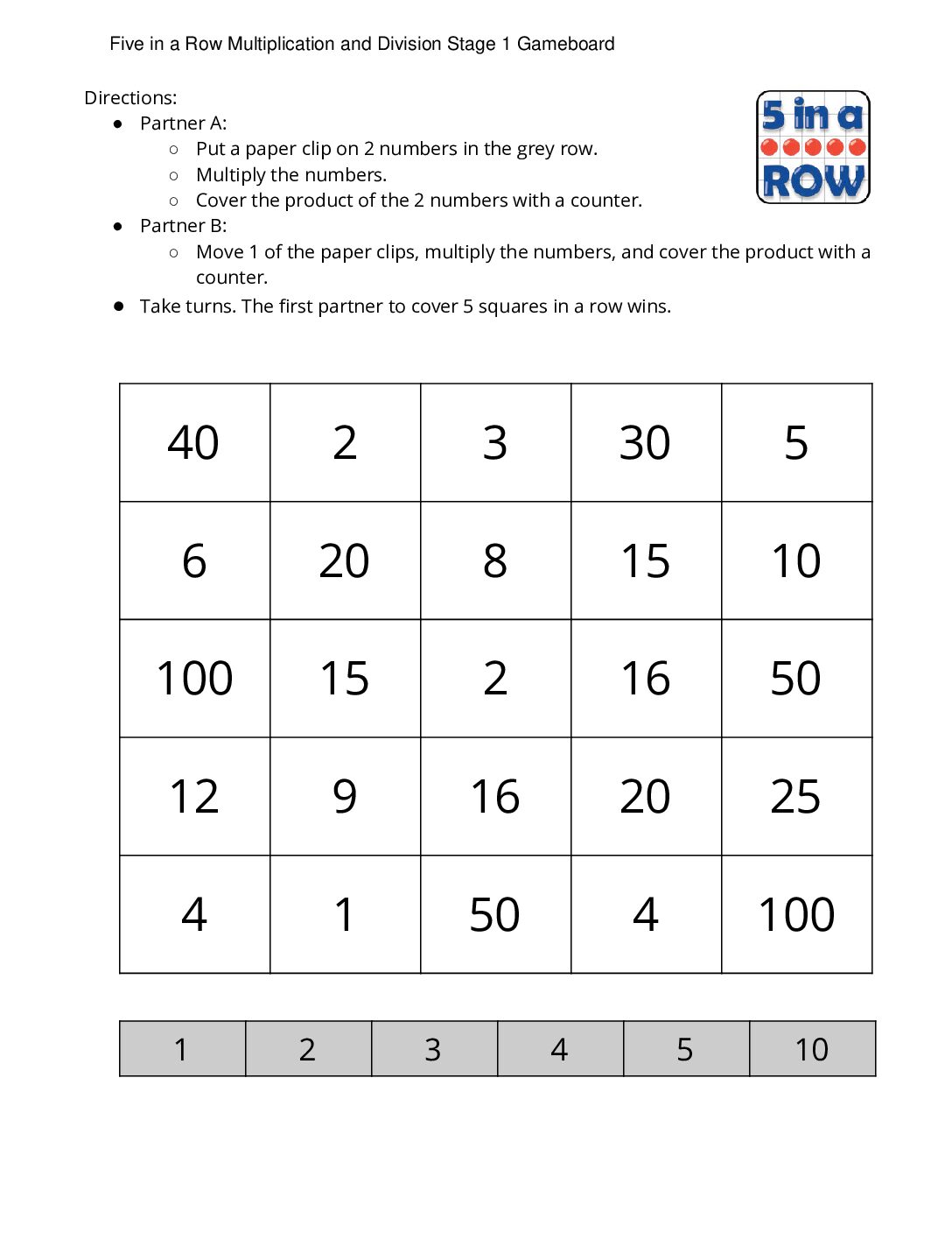 Center Five İn A Row Multiplication 3 5 Stage 1 Factors 1 5 And 10 Five İn A Row Multiplication And Division Stage 1 Gameboard