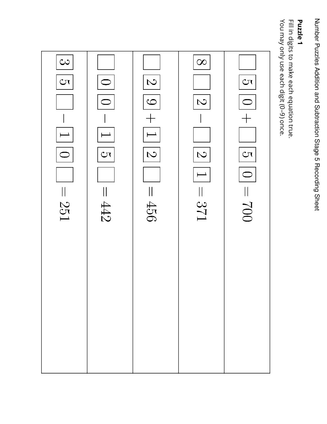 Center Number Puzzles Addition And Subtraction 1 4 Stage 5 Within 1 000 Number Puzzles Addition And Subtraction Stage 5 Recording Sheet