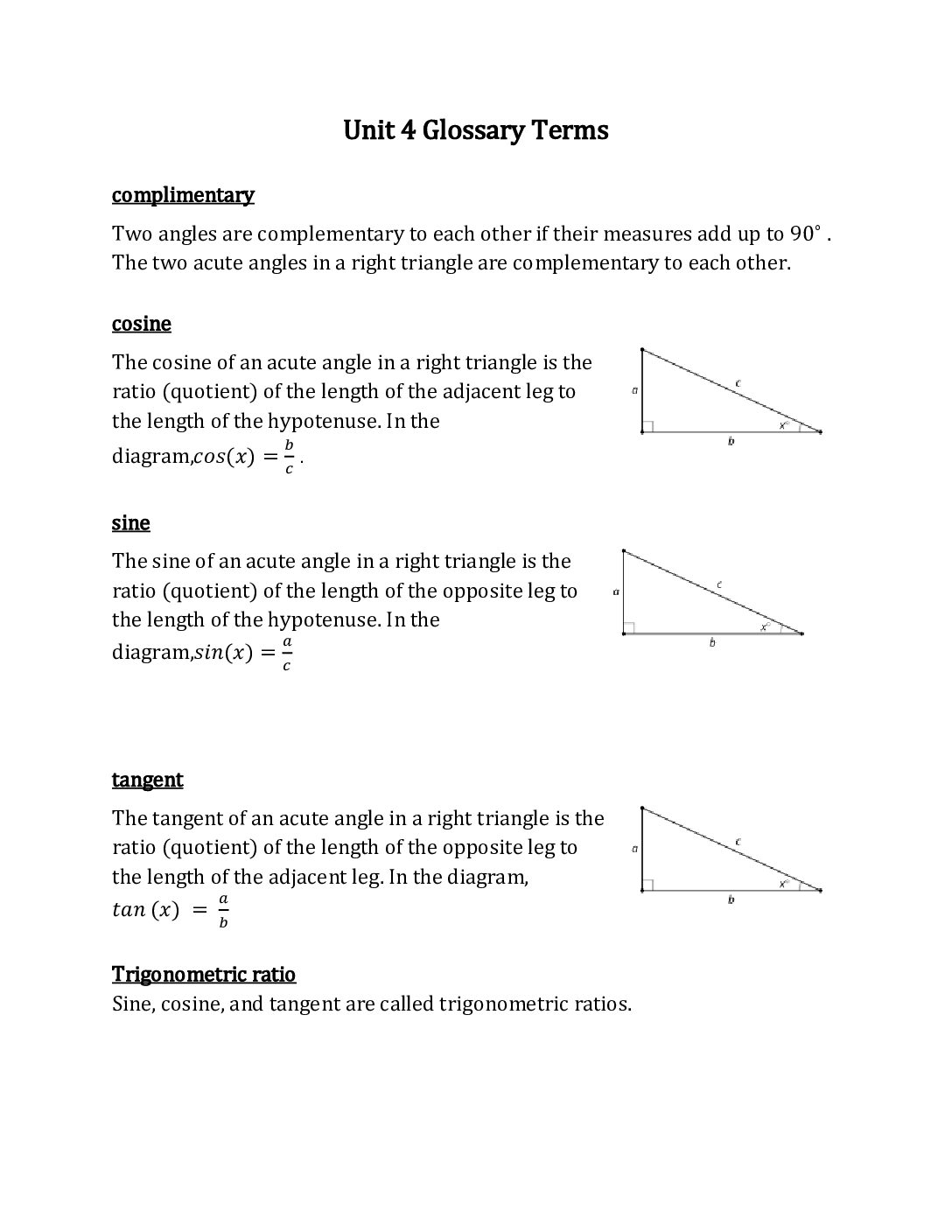 Geometry Unit 4 Glossary Terms
