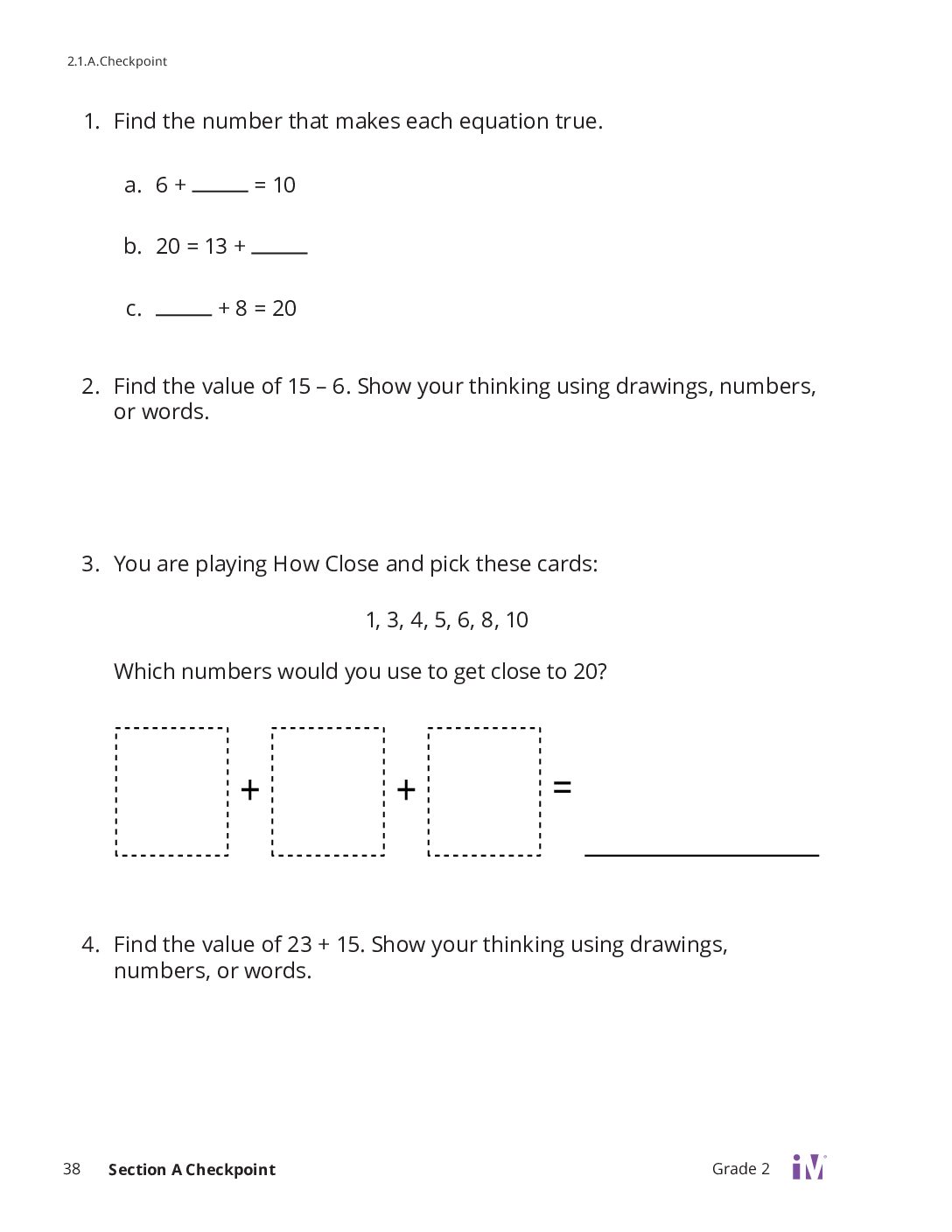 Grade 2 Unit 1 Section A Checkpoint