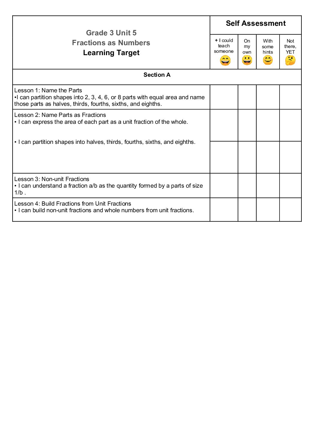 Grade 3 Unit 5 Fractions As Numbers I Can Self Assessment