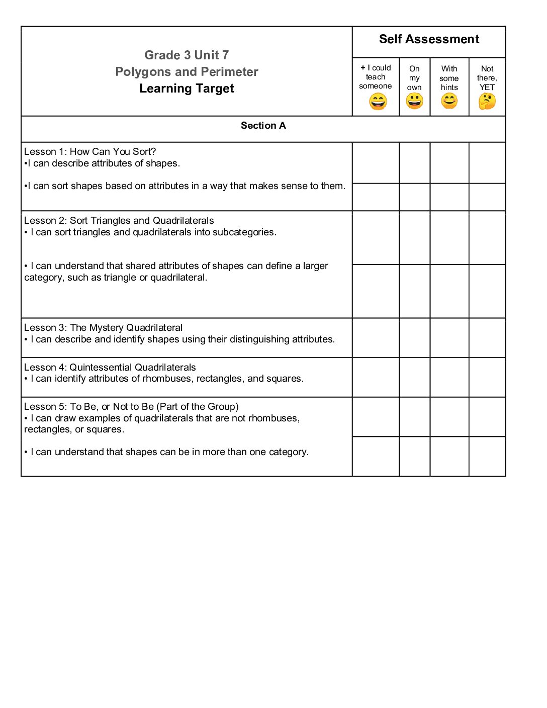 Grade 3 Unit 7 Polygons And Perimeter I Can Self Assessment