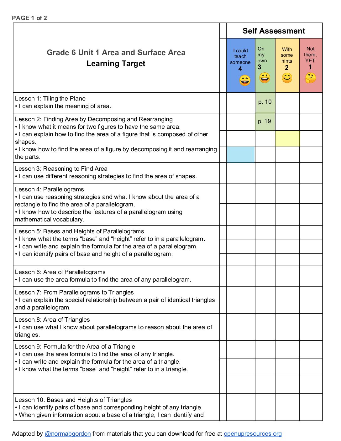 Grade 6 Unit 1 Area And Surface Area Self Assessment