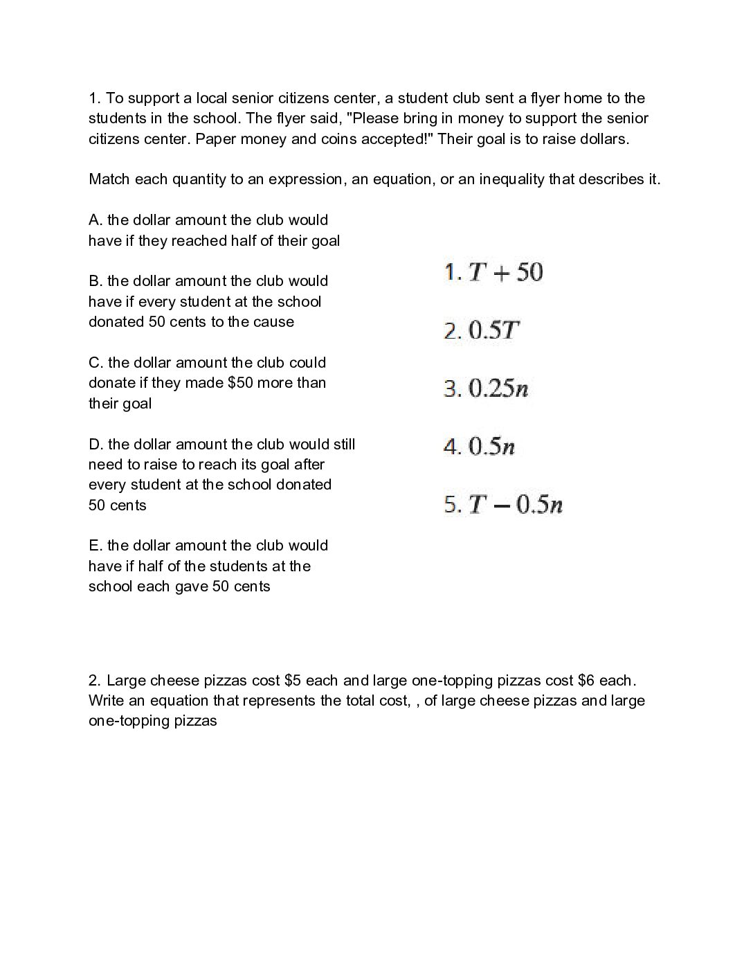 Writing And Modeling With Equations Assessment