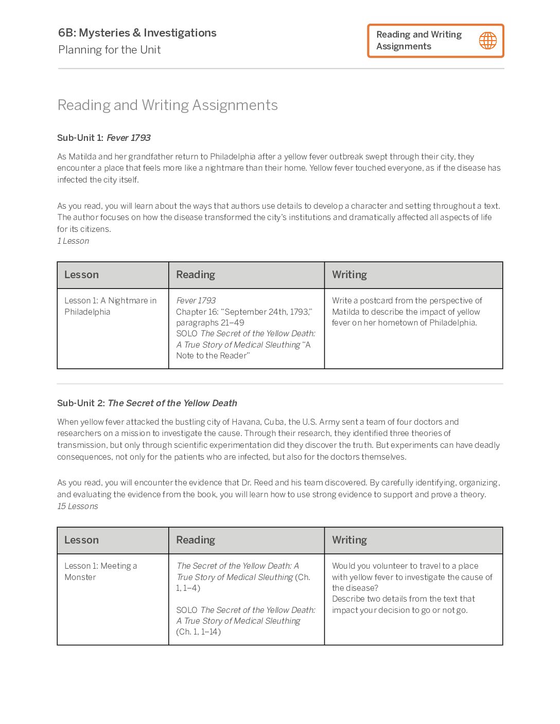6B Mysteries & Investigations Reading And Writing Assignments