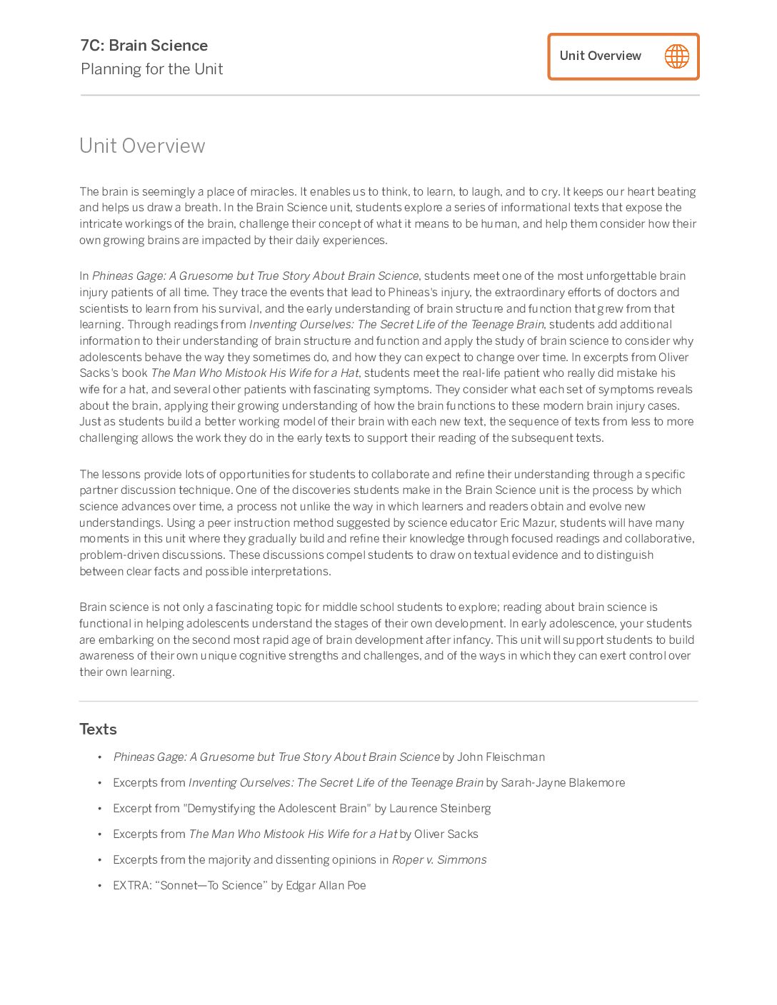 7C Brain Science Unit Overview