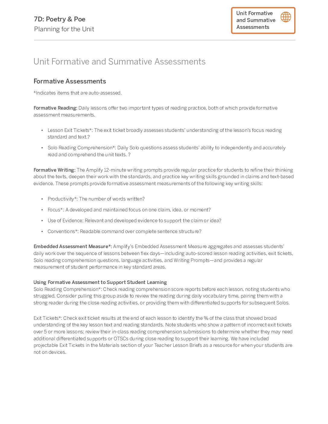 7D Poetry & Poe Unit Formative And Summative Assessments