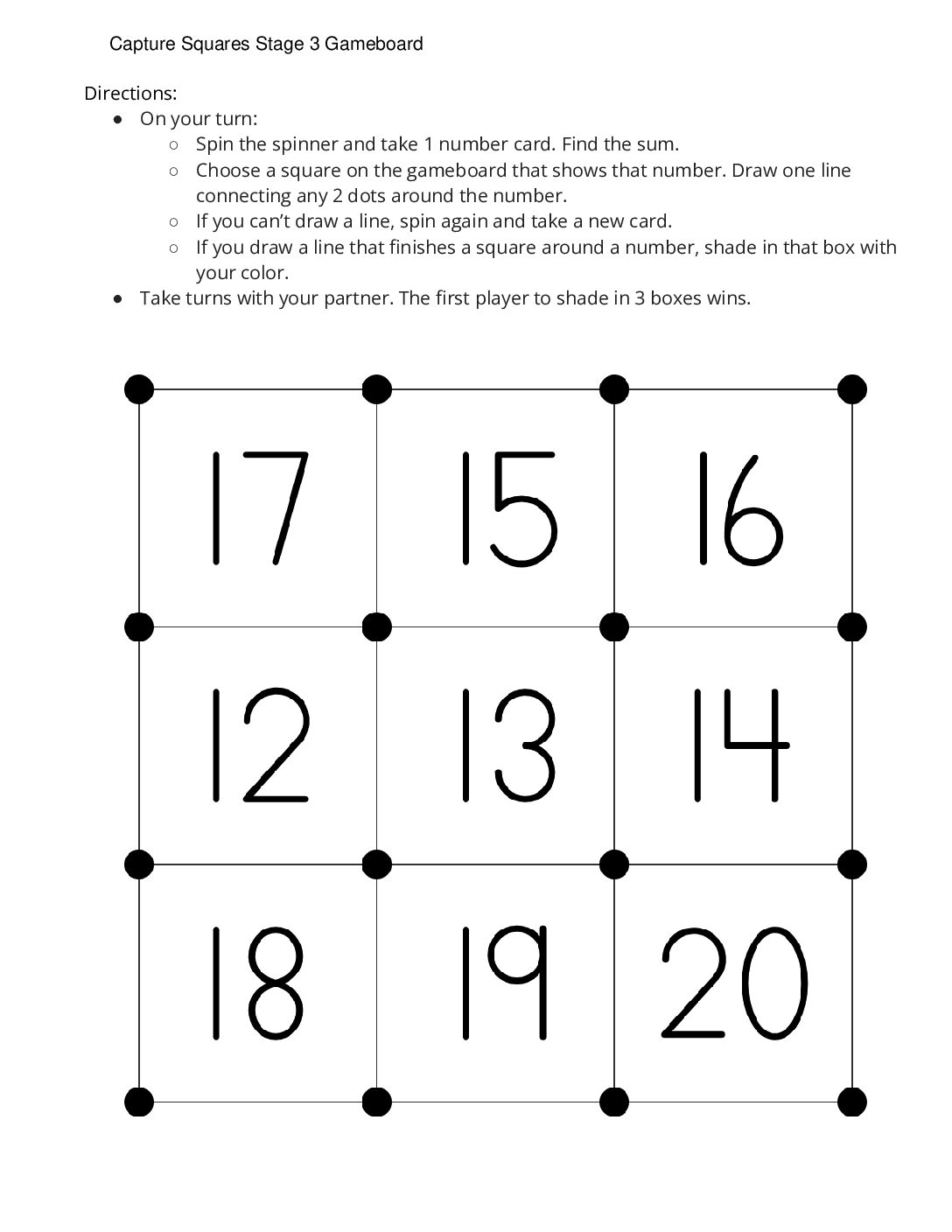 Center Capture Squares 1 3 Stage 3 Add Within 20 Capture Squares Stage 3 Gameboard