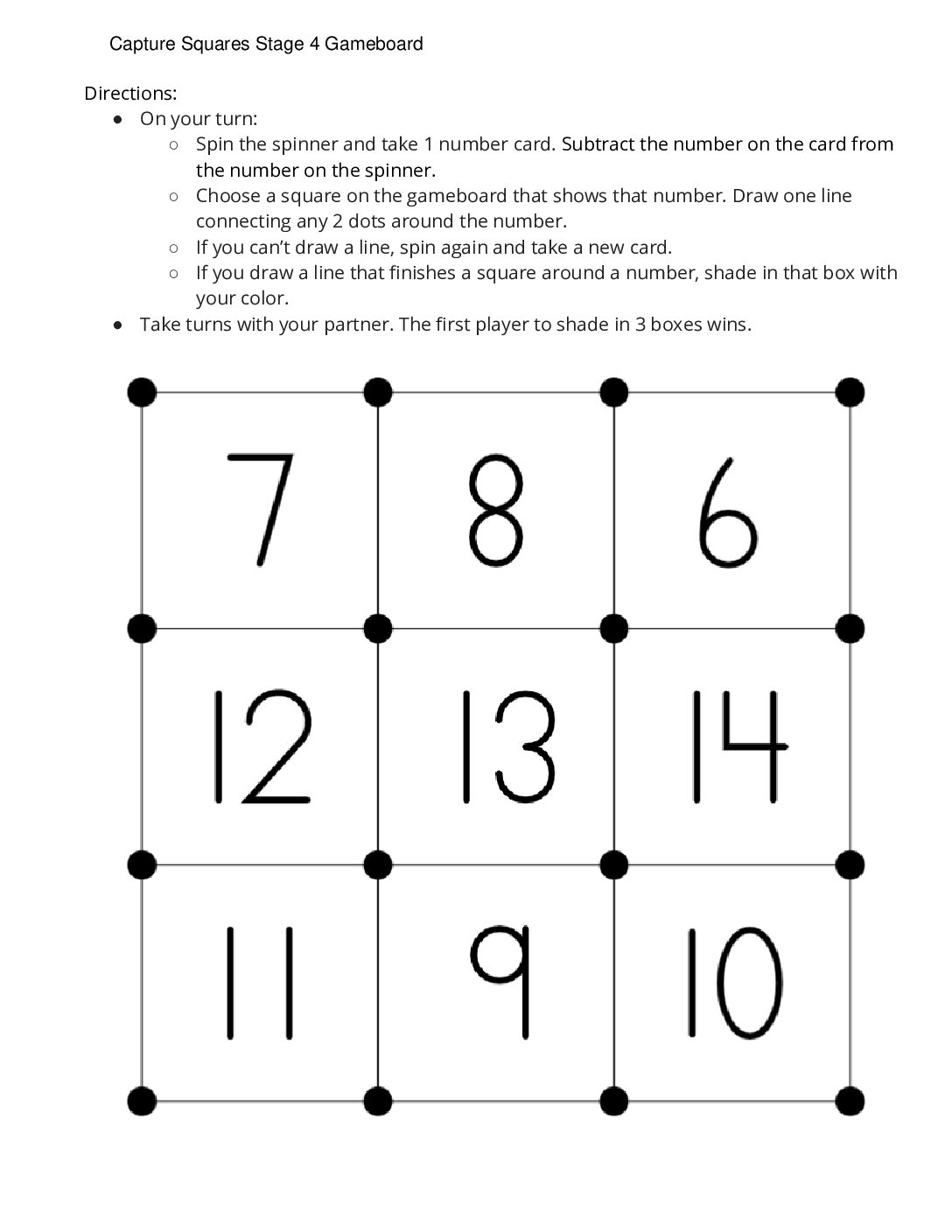 Center Capture Squares 1 3 Stage 4 Subtract Within 20 Capture Squares Stage 4 Gameboard