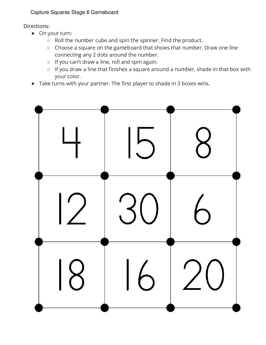 Center Capture Squares 1 3 Stage 6 Multiply With 1 5 Capture Squares Stage 6 Gameboard