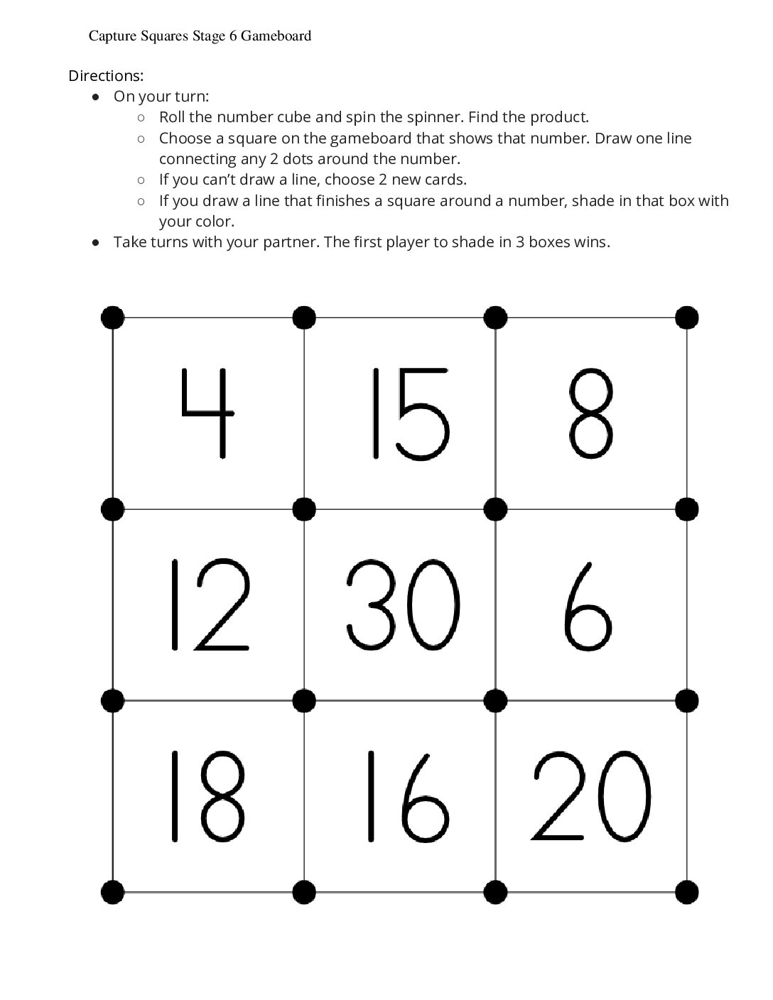 Center Capture Squares 1 3 Stage 6 Multiply With 1 5 Capture Squares Stage 6 Gameboard