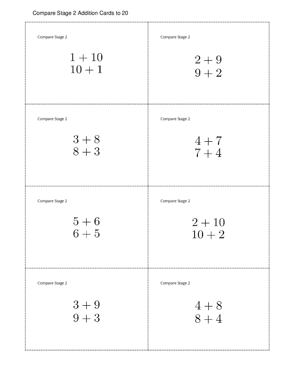 Center Compare 1 5 Stage 2 Add And Subtract Within 20 Compare Stage 2 Addition Cards To 20
