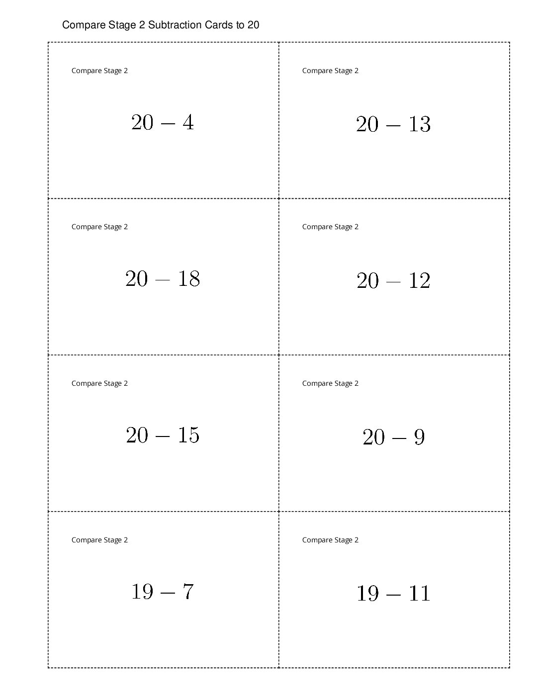 Center Compare 1 5 Stage 2 Add And Subtract Within 20 Compare Stage 2 Subtraction Cards To 20