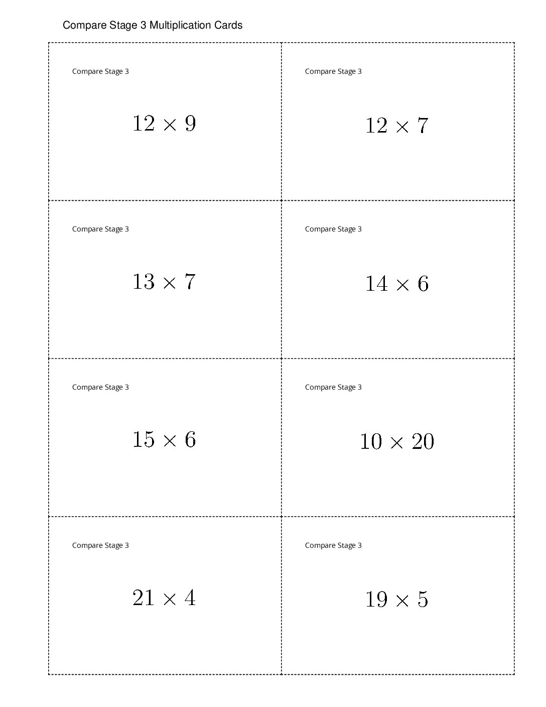 Center Compare 1 5 Stage 3 Multiply Within 100 Compare Stage 3 Multiplication Cards