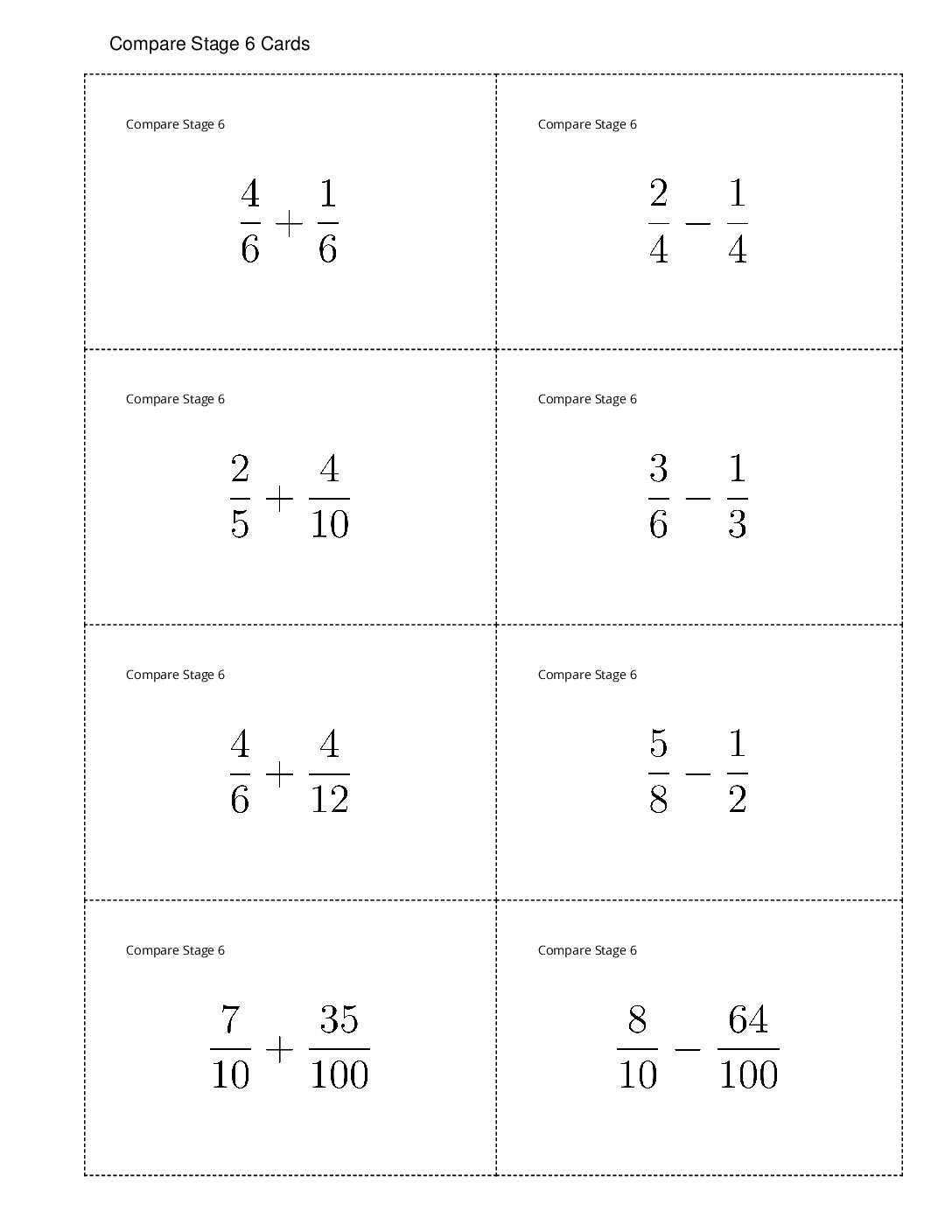Center Compare 1 5 Stage 6 Add And Subtract Fractions Compare Stage 6 Cards
