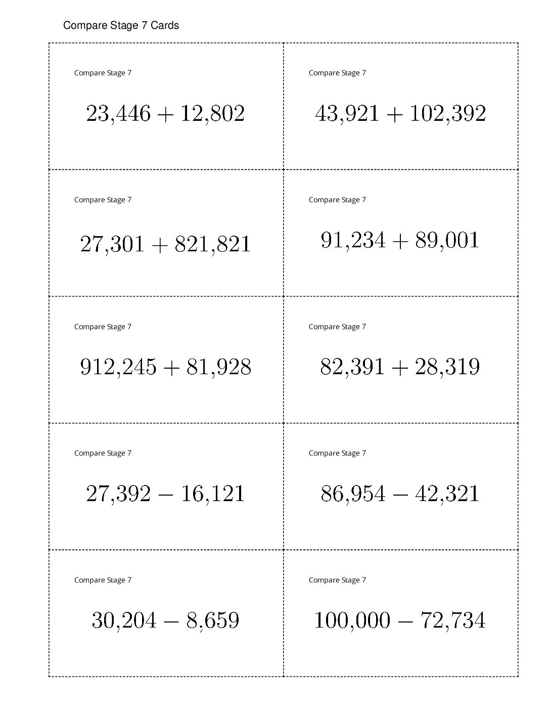 Center Compare 1 5 Stage 7 Multi Digit Operations Compare Stage 7 Cards