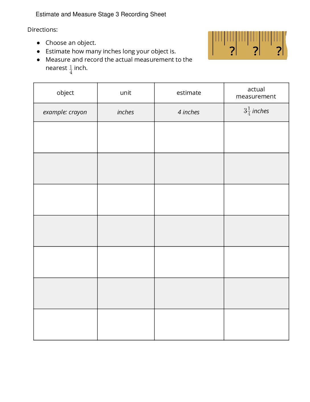 Center Estimate And Measure 1 4 Stage 3 Quarter İnches Estimate And Measure Stage 3 Recording Sheet