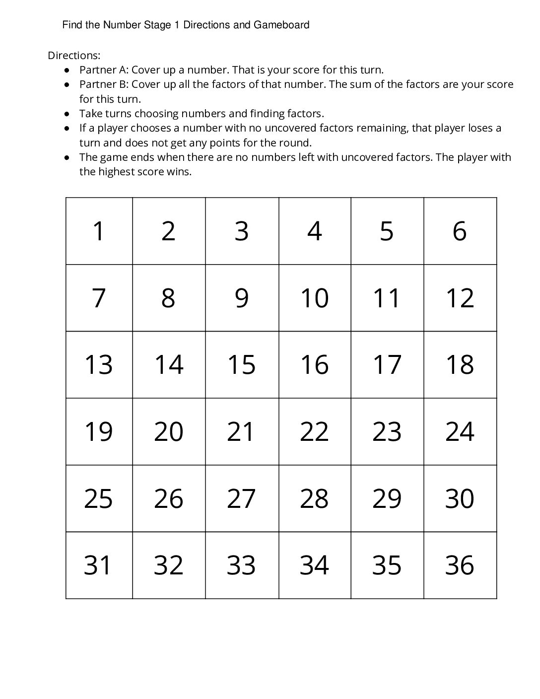 Center Find The Number 4 Stage 1 Factors Find The Number Stage 1 Directions And Gameboard