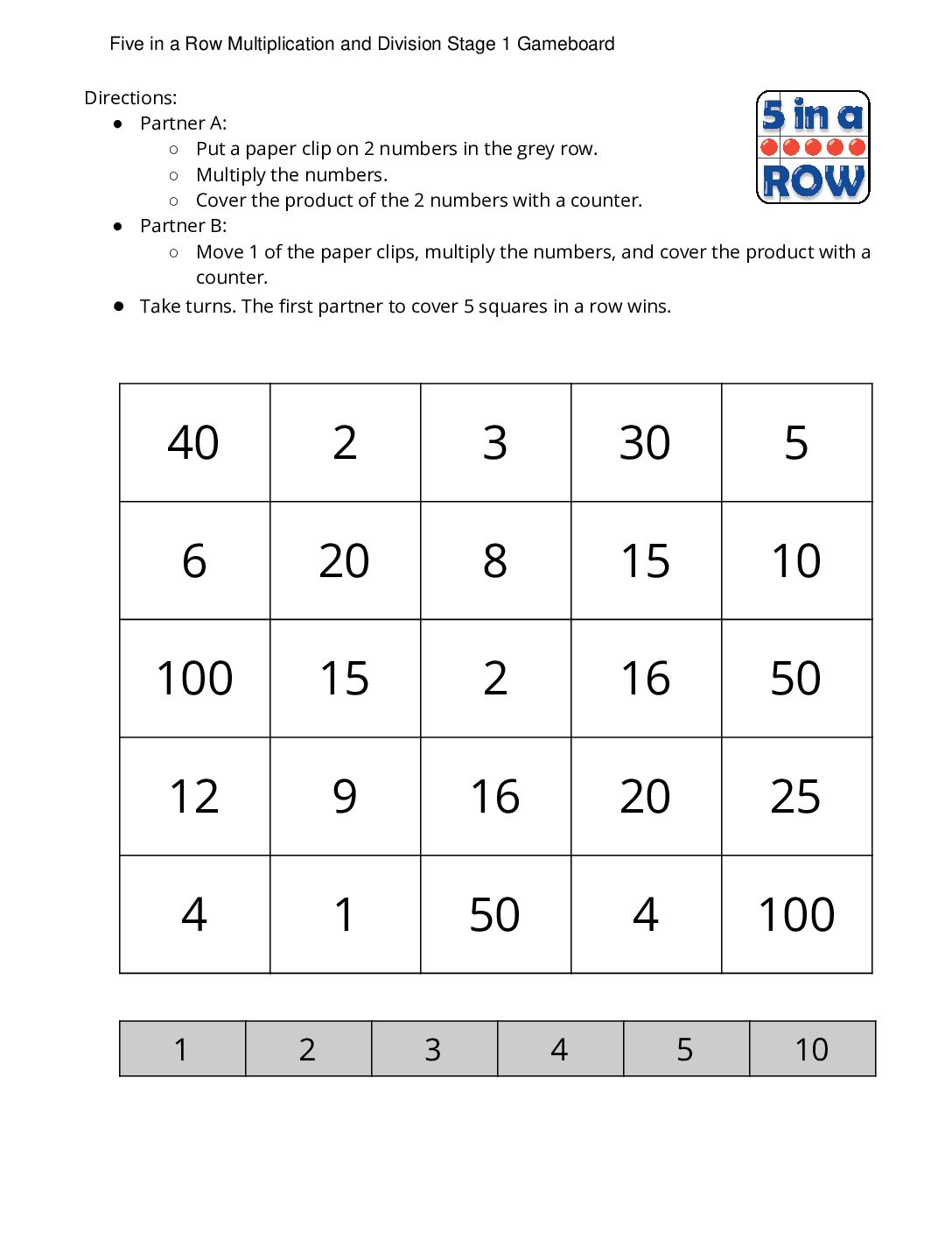 Center-Five-İn-A-Row-Multiplication-3-5-Stage-1-Factors-1-5-And-10-Five-İn-A-Row-Multiplication-And-Division-Stage-1-Gameboard