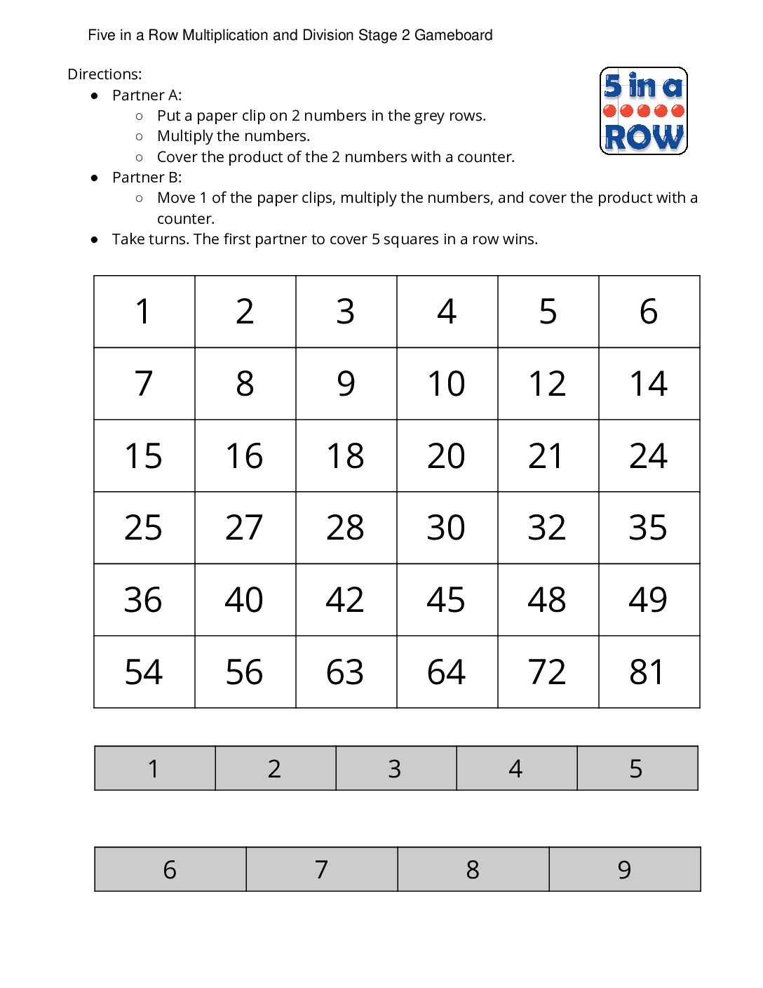 Center-Five-İn-A-Row-Multiplication-3-5-Stage-2-Factors-1-9-Five-İn-A-Row-Multiplication-And-Division-Stage-2-Gameboard