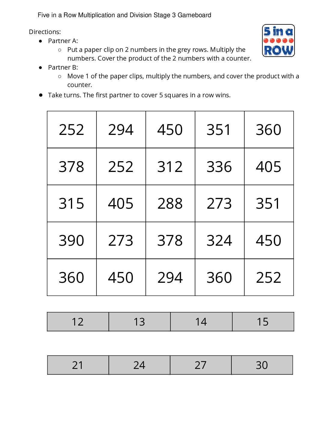 Center-Five-İn-A-Row-Multiplication-3-5-Stage-3-Two-Digit-Factors-Five-İn-A-Row-Multiplication-And-Division-Stage-3-Gameboard