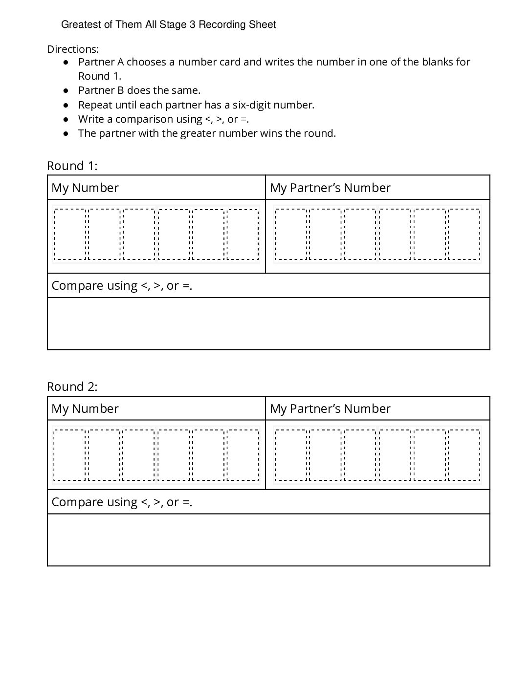 Center Greatest Of Them All 1 5 Stage 3 Multi Digit Numbers Greatest Of Them All Stage 3 Recording Sheet